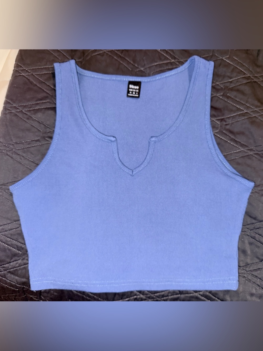 Blue Ribbed Crop Tank Top with Notch Neckline - Women